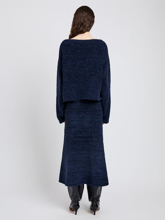 Proenza Schouler Back full length image of model wearing Sol Sweater Maddox Sweater in Marled Cotton in Navy Black Ombre