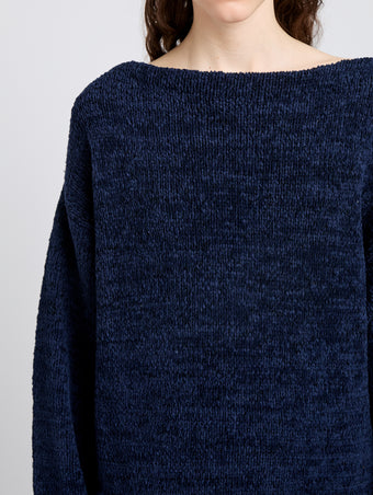 Proenza Schouler Detail image of model wearing Maddox Sweater in Marled Cotton in Navy Black Ombre