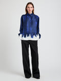 Proenza Schouler Front full length image of model wearing the Mara Top in Double Printed Silk Twill in Cobalt Multi 