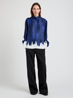 Proenza Schouler Front full length image of model wearing the Mara Top in Double Printed Silk Twill in Cobalt Multi 