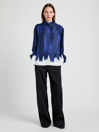 Proenza Schouler Front full length image of model wearing the Mara Top in Double Printed Silk Twill in Cobalt Multi 