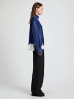 Proenza Schouler Side full length image of model wearing of the Mara Top in Double Printed Silk Twill in Cobalt Multi 