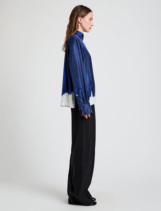 Proenza Schouler Side full length image of model wearing of the Mara Top in Double Printed Silk Twill in Cobalt Multi 