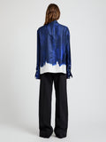 Proenza Schouler Back full length image of model wearing the Mara Top in Double Printed Silk Twill in Cobalt Multi 
