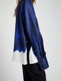 Proenza Schouler Detail image of model wearing the Mara Top in Double Printed Silk Twill in Cobalt Multi 