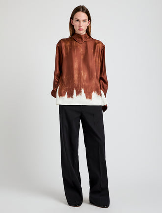 Proenza Schouler Front full length image of model wearing the Mara Top in Double Printed Silk Twill in Sienna Multi 