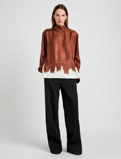 Proenza Schouler Front full length image of model wearing the Mara Top in Double Printed Silk Twill in Sienna Multi 