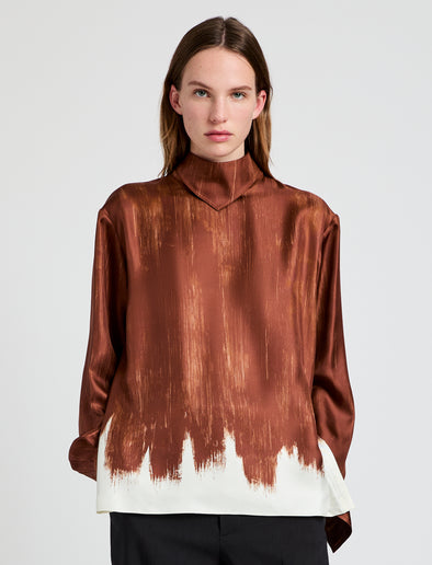 Proenza Schouler Front cropped image of model wearing the Mara Top in Double Printed Silk Twill in Sienna Multi 
