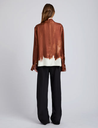 Proenza Schouler Back full length image of model wearing the Mara Top in Double Printed Silk Twill in Sienna Multi 