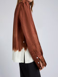 Proenza Schouler Detail image of model wearing the Mara Top in Double Printed Silk Twill in Sienna Multi