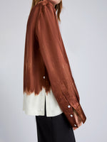 Proenza Schouler Detail image of model wearing the Mara Top in Double Printed Silk Twill in Sienna Multi