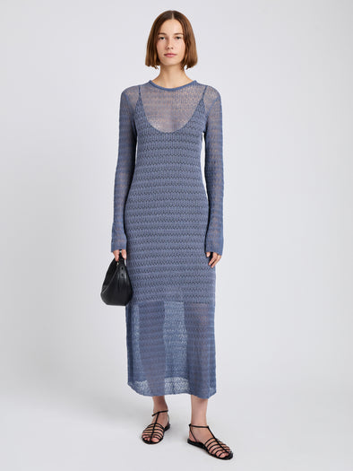 Proenza Schouler Front full length image of model wearing Miriam Dress in Crochet in Slate 