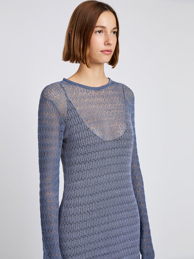 Proenza Schouler Detail image of model wearing Miriam Dress in Crochet in Slate 