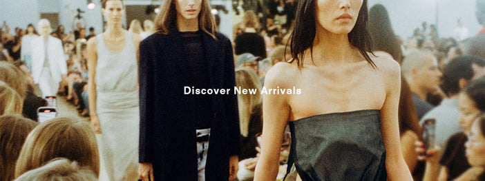 Cropped image of models walking in Proenza Schouler Spring Summer 2024 Runway show, 'Discover New Arrivals' overlaid