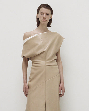 Cropped image of model in Rosa Dress in Smooth Leather in khaki