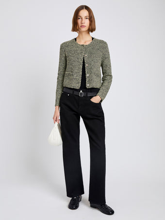 Proenza Schouler Front full length image of model wearing Nidia Macrame Jacket in Cotton in Light Butter/Black