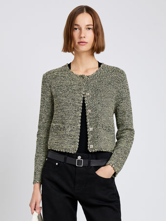 Proenza Schouler Front cropped image of model wearing Nidia Macrame Jacket in Cotton in Light Butter/Black