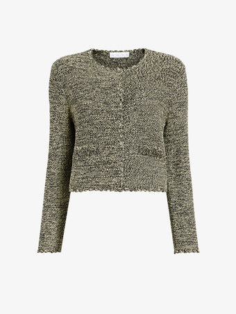 Proenza Schouler Detail image of model wearing Nidia Macrame Jacket in Cotton in Light Butter/Black