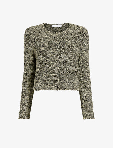 Proenza Schouler Detail image of model wearing Nidia Macrame Jacket in Cotton in Light Butter/Black