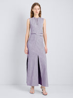 Proenza Schouler Full Length Front Image of model wearing Selene Dress in Static Suiting in Aubergine/White