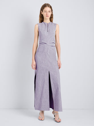 Proenza Schouler Full Length Front Image of model wearing Selene Dress in Static Suiting in Aubergine/White