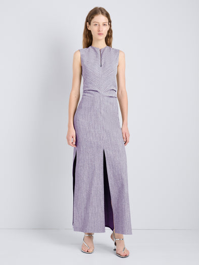 Proenza Schouler Full Length Front Image of model wearing Selene Dress in Static Suiting in Aubergine/White
