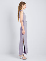 Proenza Schouler Full Length Side Image of model wearing Selene Dress in Static Suiting in Aubergine/White
