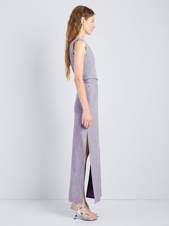 Proenza Schouler Full Length Side Image of model wearing Selene Dress in Static Suiting in Aubergine/White