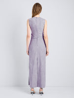 Proenza Schouler Full Length Back Image of model wearing Selene Dress in Static Suiting in Aubergine/White