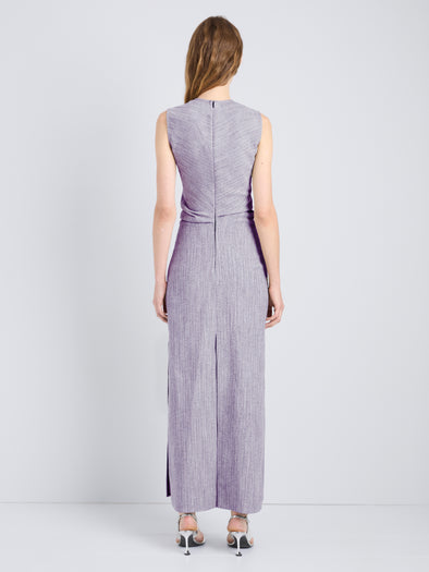 Proenza Schouler Full Length Back Image of model wearing Selene Dress in Static Suiting in Aubergine/White