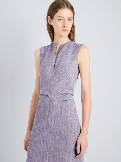 Proenza Schouler Detail Image of model wearing Selene Dress in Static Suiting in Aubergine/White