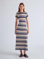 Proenza Schouler Front Full Length Image of Model wearing Noelle Dress in Striped Jersey in Sky Multi