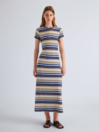 Proenza Schouler Front Full Length Image of Model wearing Noelle Dress in Striped Jersey in Sky Multi