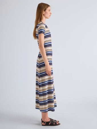 Proenza Schouler Side Full Length Image of Model wearing Noelle Dress in Striped Jersey in Sky Multi