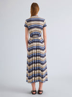 Proenza Schouler Back Full Length Image of Model wearing Noelle Dress in Striped Jersey in Sky Multi
