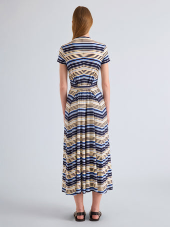 Proenza Schouler Back Full Length Image of Model wearing Noelle Dress in Striped Jersey in Sky Multi