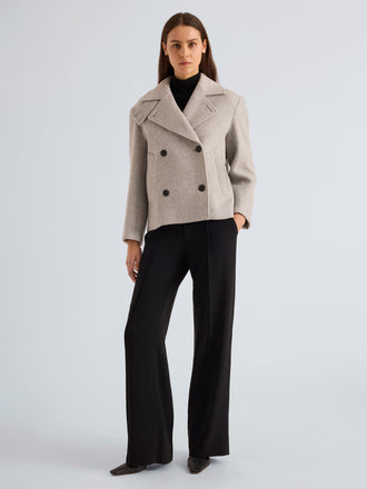 Proenza Schouler Front Full Length on Model Image of Nola Jacket in Brushed Wool Cashmere in Light Grey Melange