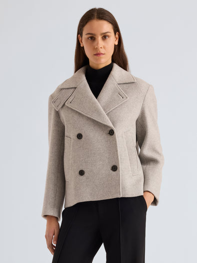 Proenza Schouler Front Cropped on Model Image of Nola Jacket in Brushed Wool Cashmere in Light Grey Melange
