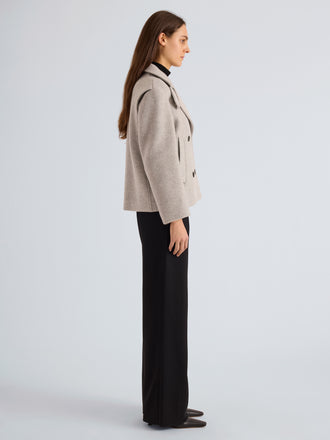 Proenza Schouler Side Full Length on Model Image of Nola Jacket in Brushed Wool Cashmere in Light Grey Melange