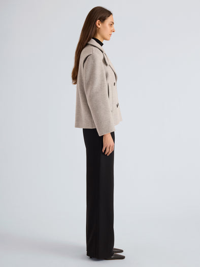 Proenza Schouler Side Full Length on Model Image of Nola Jacket in Brushed Wool Cashmere in Light Grey Melange