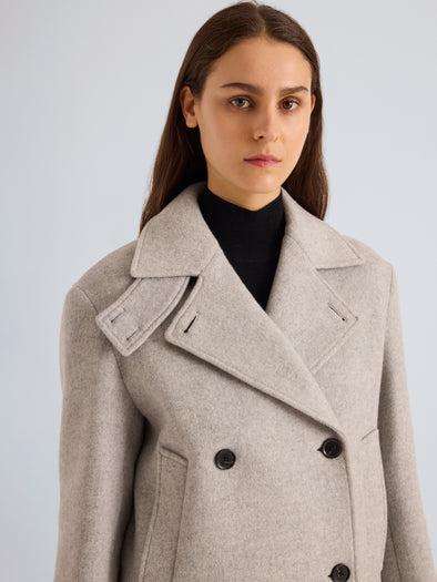 Proenza Schouler Detail on Model Image of Nola Jacket in Brushed Wool Cashmere in Light Grey Melange