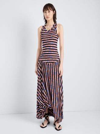 Proenza Schouler Front full length image of model wearing Nour Dress in in Printed Tissue Jersey in Pink Multi