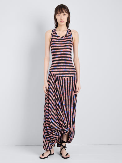 Proenza Schouler Front full length image of model wearing Nour Dress in Printed Tissue Jersey in Pink Multi