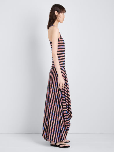 Proenza Schouler Side full length image of model wearing Nour Dress in Printed Tissue Jersey in Pink Multi
