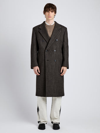Proenza Schouler Front full length image of model wearing Orlando Coat in Wool in Charcoal Herringbone