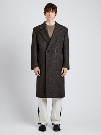 Proenza Schouler Front full length image of model wearing Orlando Coat in Wool in Charcoal Herringbone