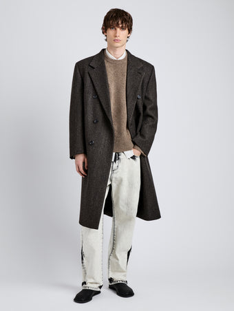 Proenza Schouler Front full length image of model wearing Orlando Coat in Wool in Charcoal Herringbone