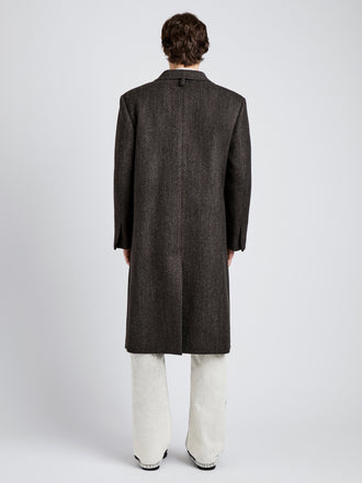 Proenza Schouler Back full length image of model wearing Orlando Coat in Wool in Charcoal Herringbone