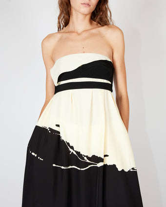 Cropped image of model wearing Ophelia Dress in Printed Marocaine in black multi