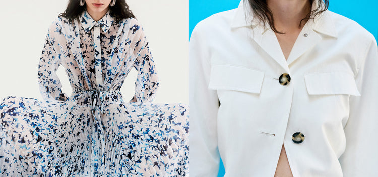 Diptych image of Cropped image of model sitting with knees apart wearing Jones Dress in Printed Crinkle Chiffon in off white multi and Cropped image of model wearing Thelma Jacket and Vera Pant in Cotton Linen Suiting in white, standing against bright blue background
